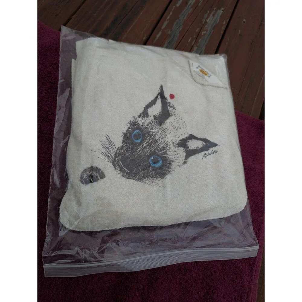 Vintage Siamese Cat Towel Bath Washcloth Set Rabindra Made USA UNUSED Collectabl